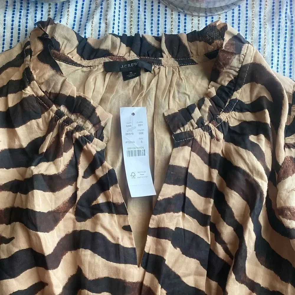 J. Crew Midi Dress Women's Zebra Print Smocked Waist Short Sleeve Sz Small NWT